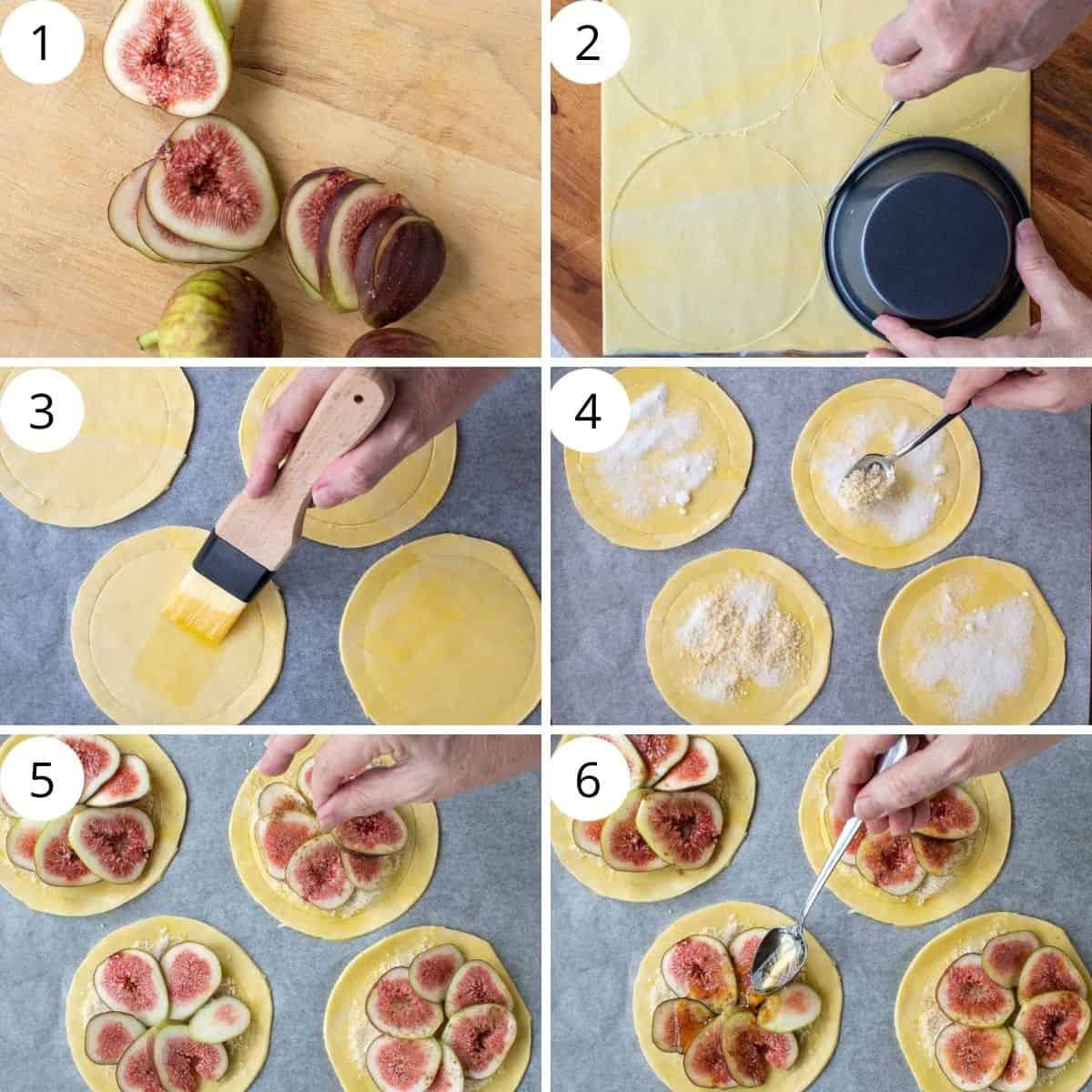 6-step photo collage showing how to prepare fig tartlets.