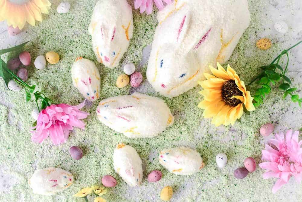 Marshmallow Easter bunnies on green coconut grass