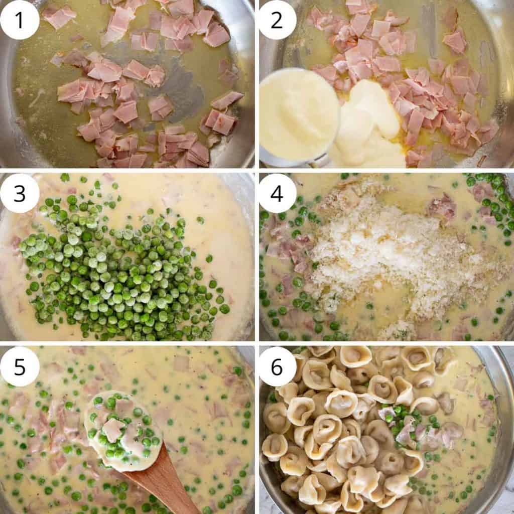 6 step photo collage showing how to make tortellini alla panna.