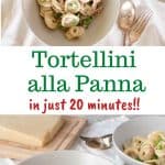 two images with text in between. Text reads "tortellini alla panna in just 20 minutes". Top image is tortellini with cream, peas and ham in a bowl viewed from above. Bottom image is tortellini with cream, peas and ham in a bowl.