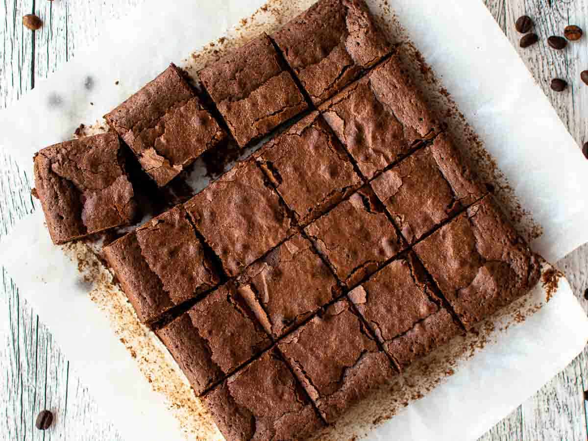 Overhead view of brownies cut into squares.