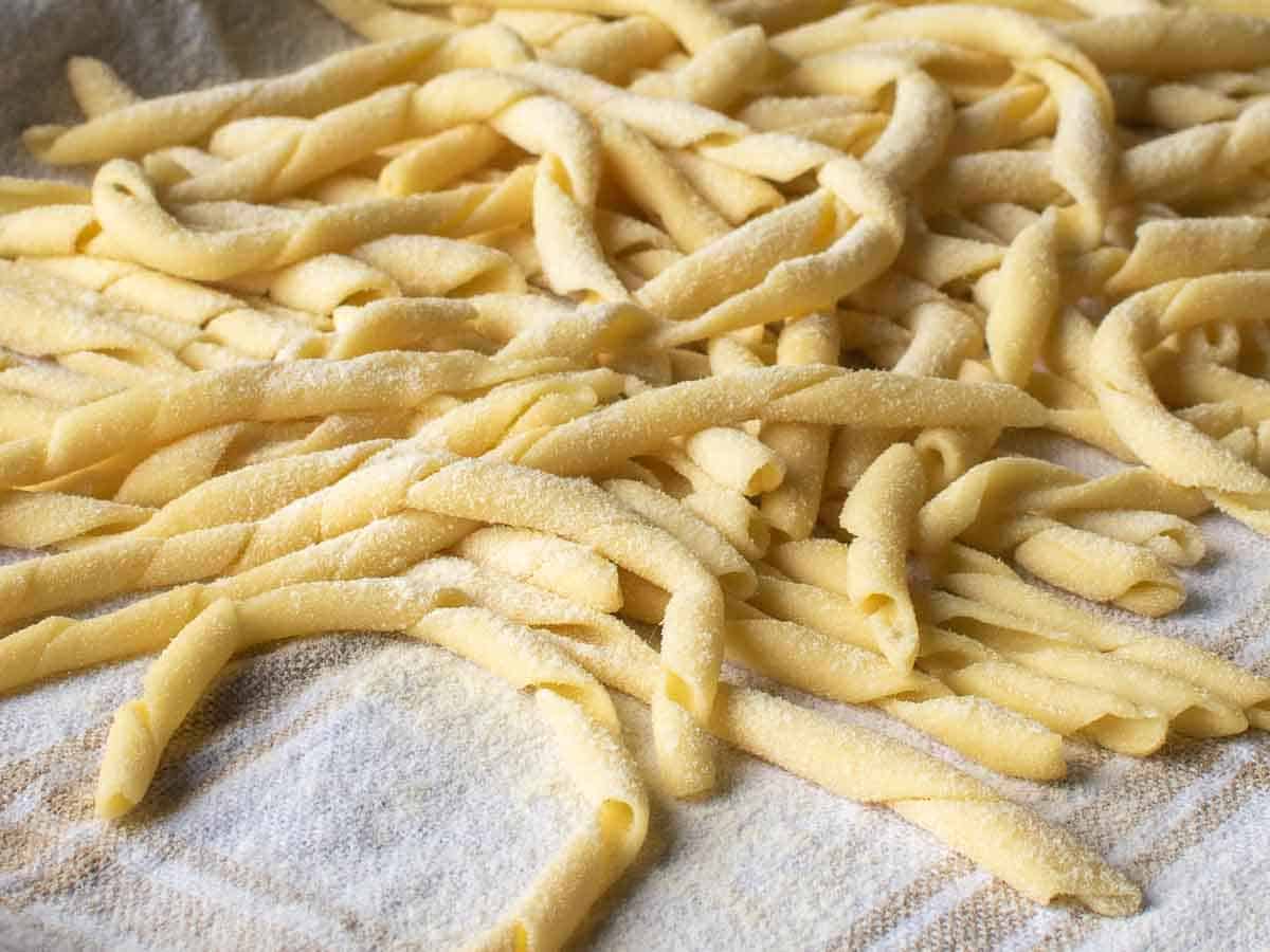 Close up of handmade, spiral pasta.