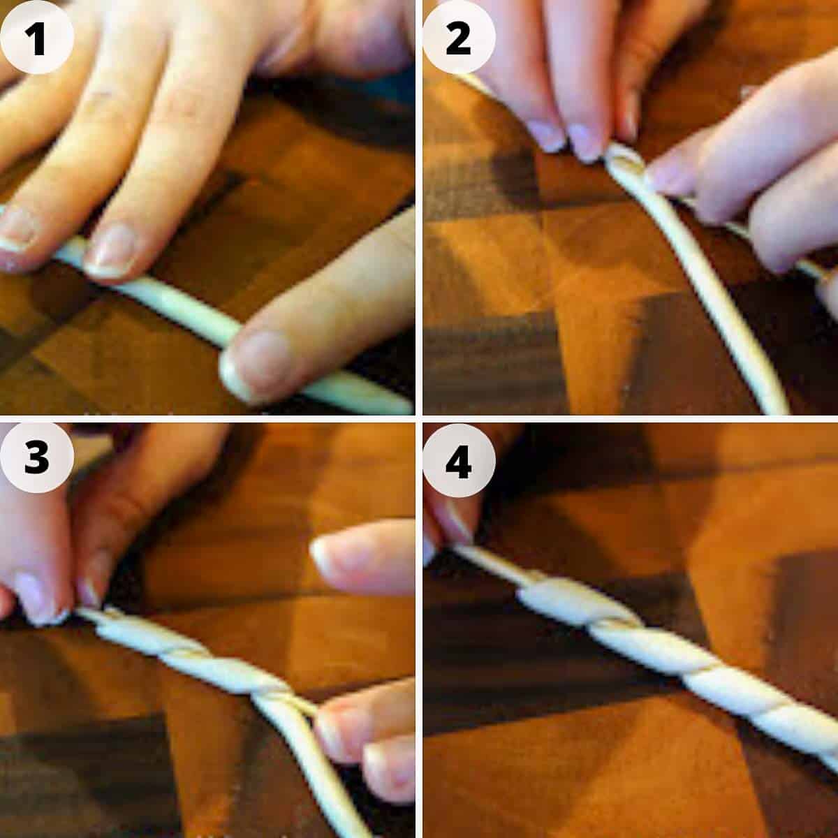 four-step photo collage showing how to make this busiate pasta