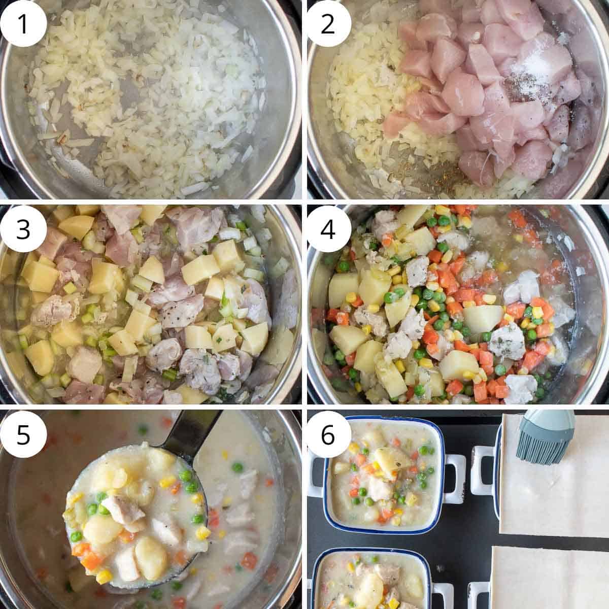 A six step collage showing the steps for how to begin this recipe.