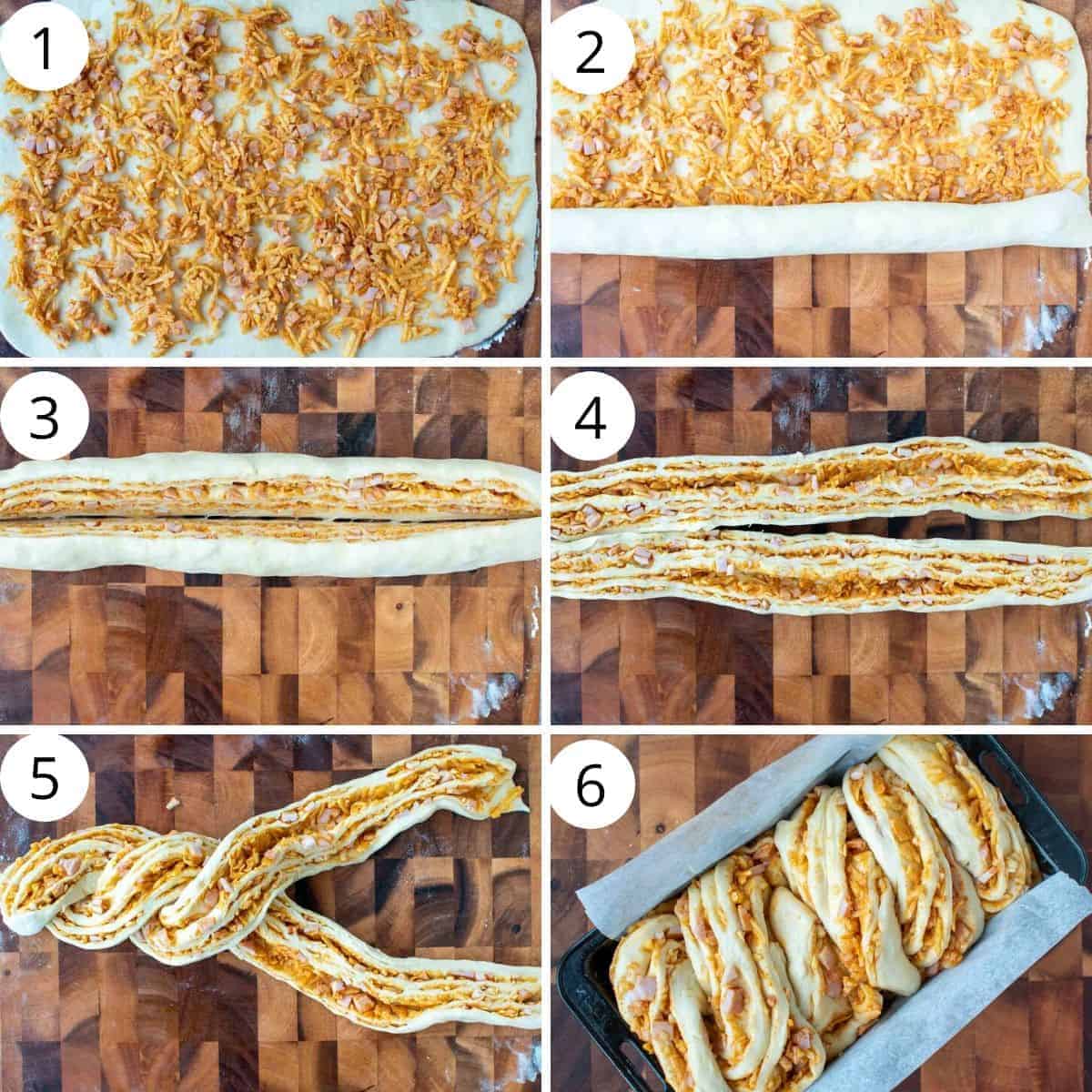 6 step photo collage showing how to shape and bake this bread.