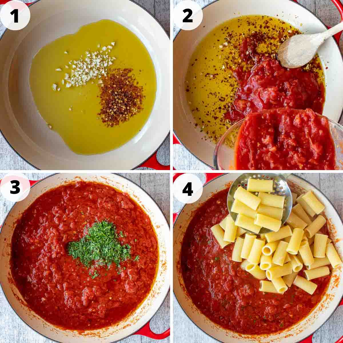 Four step process showing how make this pasta recipe.