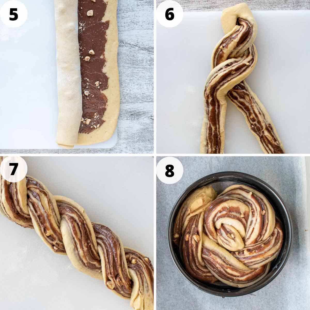 Four step process showing how to roll and braid this bread.