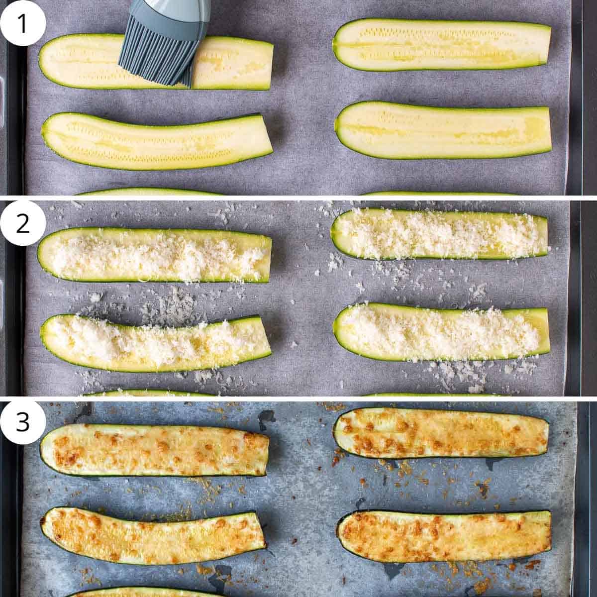 3 step photo collage showing how to make roasted zucchini.