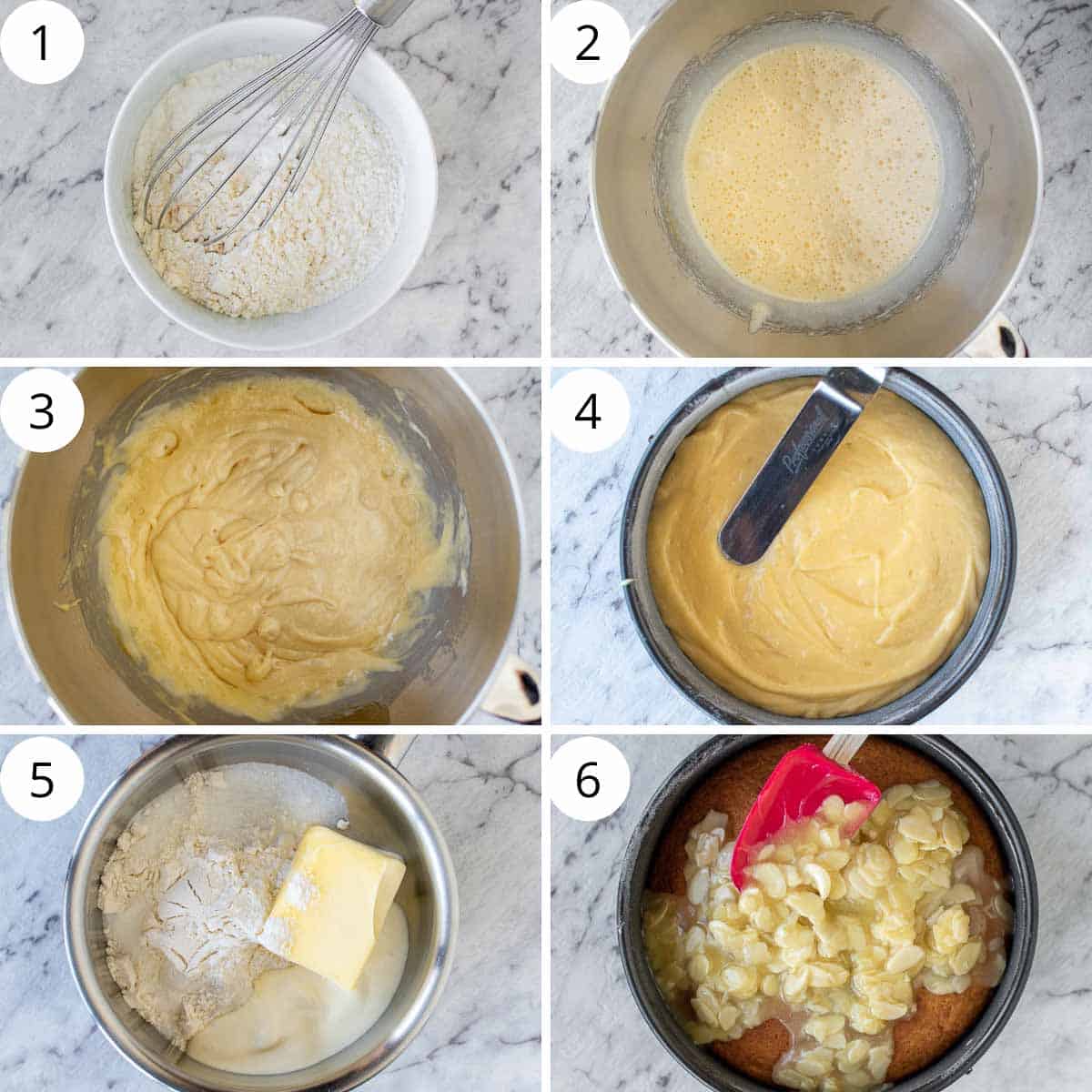 6 step photo collage showing how to make tosca cake