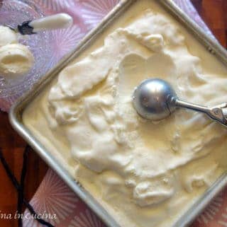 overhead view of mascapone ice cream with ice cream scoop