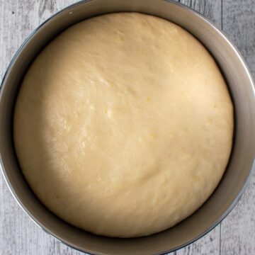 Risen dough in a steel bowl.