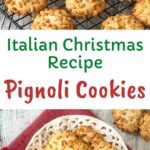 Pignoli Cookies on a white plate with a stand.