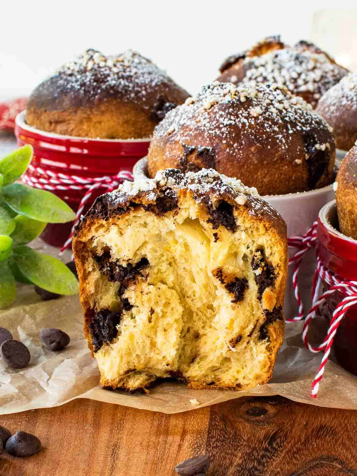 Chocolate Panettone broken in half showing the inside crumb.