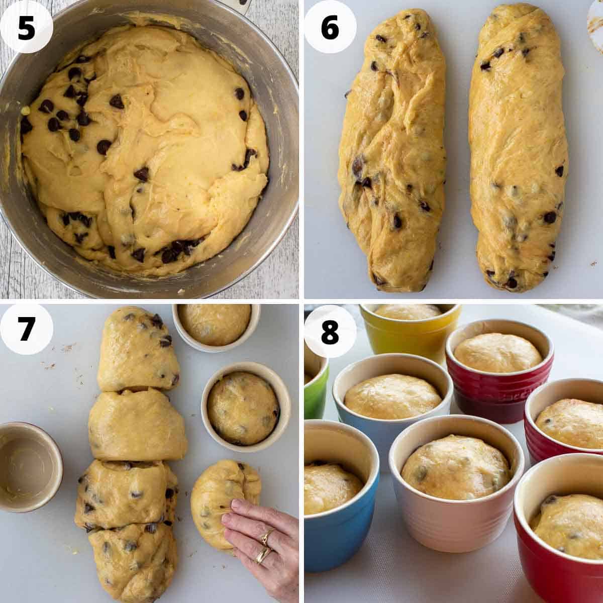 Four step process showing how to shape these sweet holiday breads.