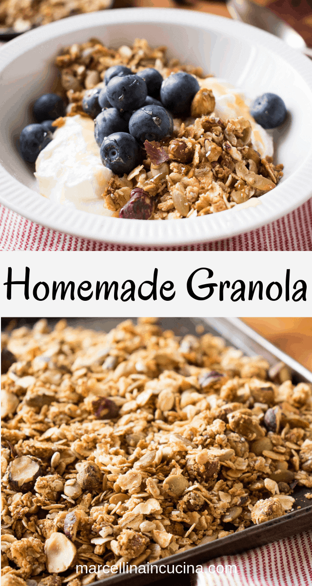 This Homemade Granola has a lot less sugar than commercial varieties but it's still super delicious! #homemadegranola #breakfastrecipe #healthybreakfast #crunchygranola Two images with text in the middle. top image is White bowl of homemade granola with yogurt and blueberries, bottom image is Tray of Granola with red and white cloth
