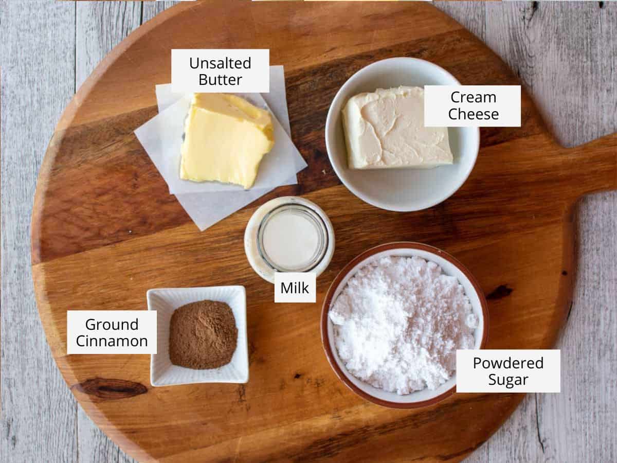 Ingredients for this cream cheese frosting recipe.