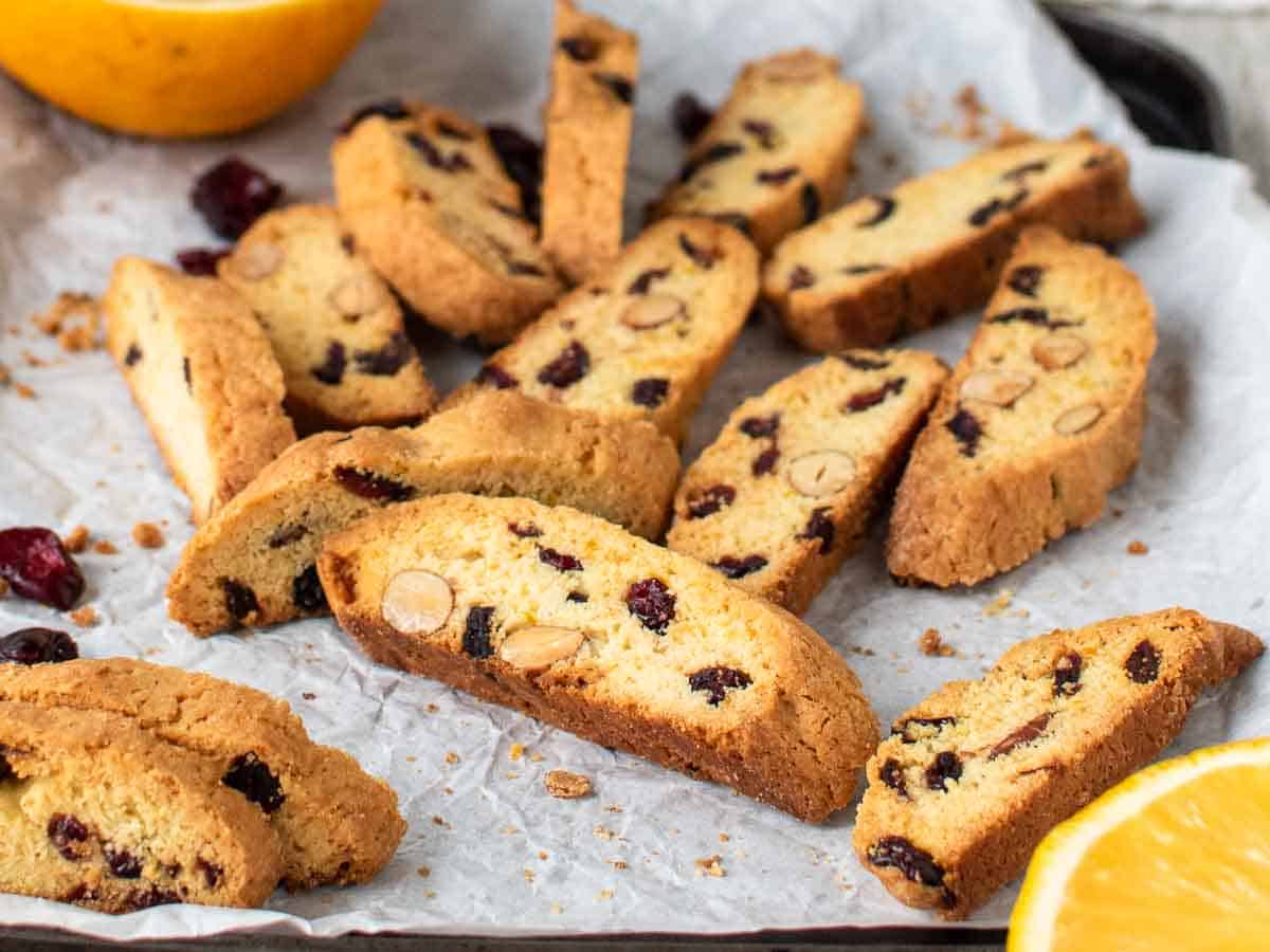 Close up of biscotti with dried cranberries.