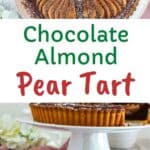 Chocolate almond pear tart on a white cake stand with a slice removed and plated in front.