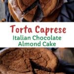 Torta Caprese with a wedge cut and slightly removed.