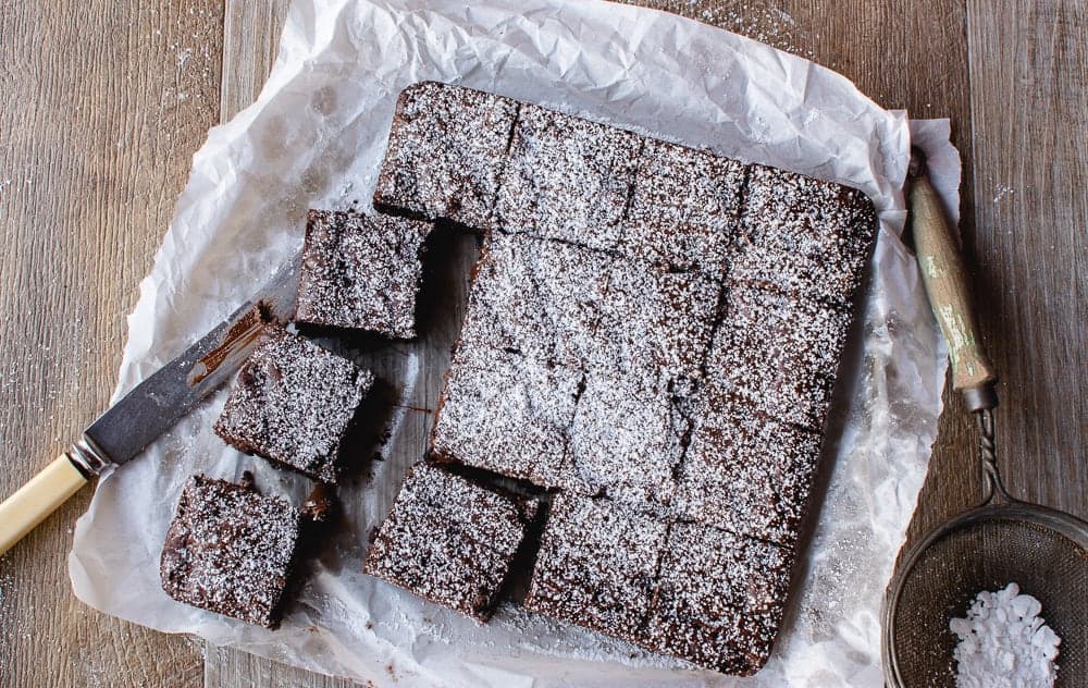 The finished brownies coated with sugar and cut into squares