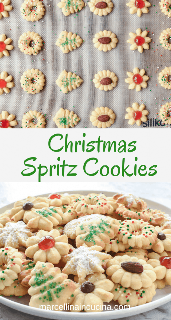 These buttery Spritz Cookies are delicious and not too sweet. The best thing about Spritz cookies is that they are easy and quick to make. #spritzcookies #cookies #butterycookies #christmascookies different varieties of spritz cookies ready for baking and decorated spritz cookies on white plate