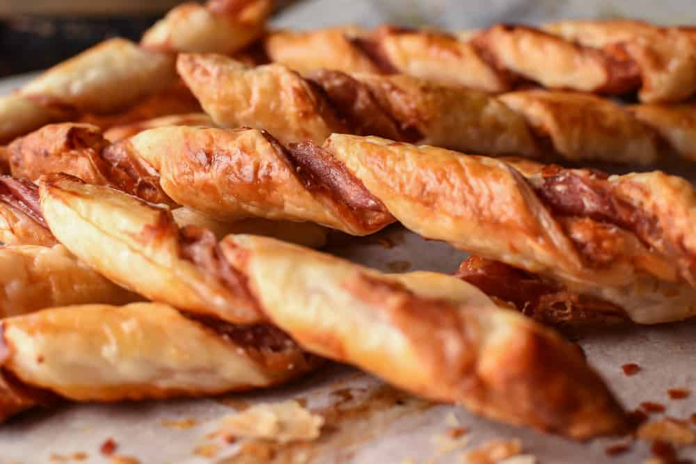 close up of golden brown pastry twisted pastry.