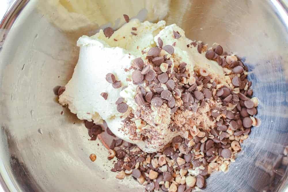 vanilla ice cream, choc drops and hazelnuts