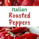 Italian Roasted Peppers on an oblong dish with slivers of fresh garlic and chopped parsley scattered on top.