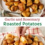 Roasted Garlic and Rosemary Potatoes on a white oblong platter.