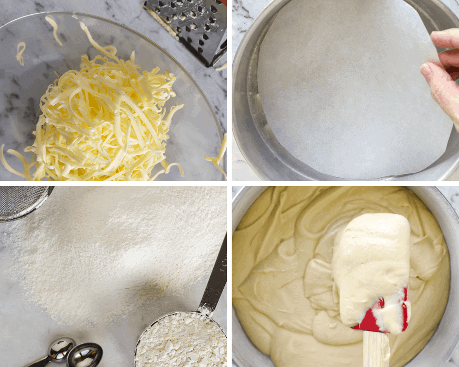 Collage of four images, grated butter, round cake pan with paper insert, sifted flour and cake batter in round cake pan.