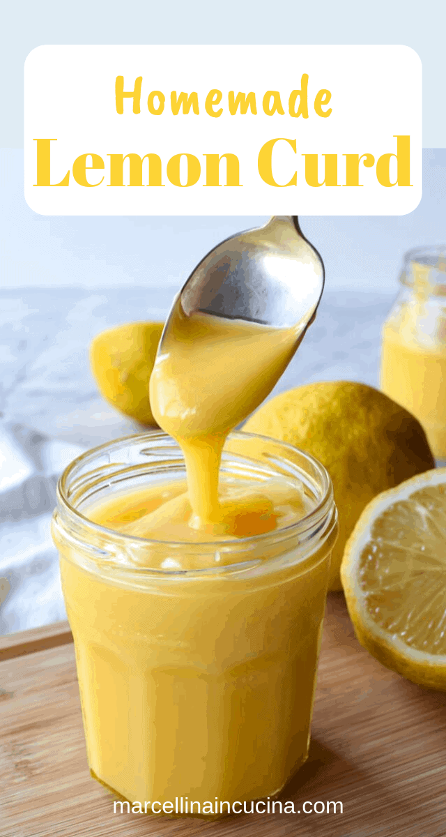 Homemade lemon curd is a tangy lemon custard which is perfect for cake fillings, tarts or to top scones. #homemade #lemoncurd #lemonrecipe #curdrecipe #homemadecurd Lemon curd in glass jar with spoon pouring in lemon curd. In the backgroup cut and whole lemons
