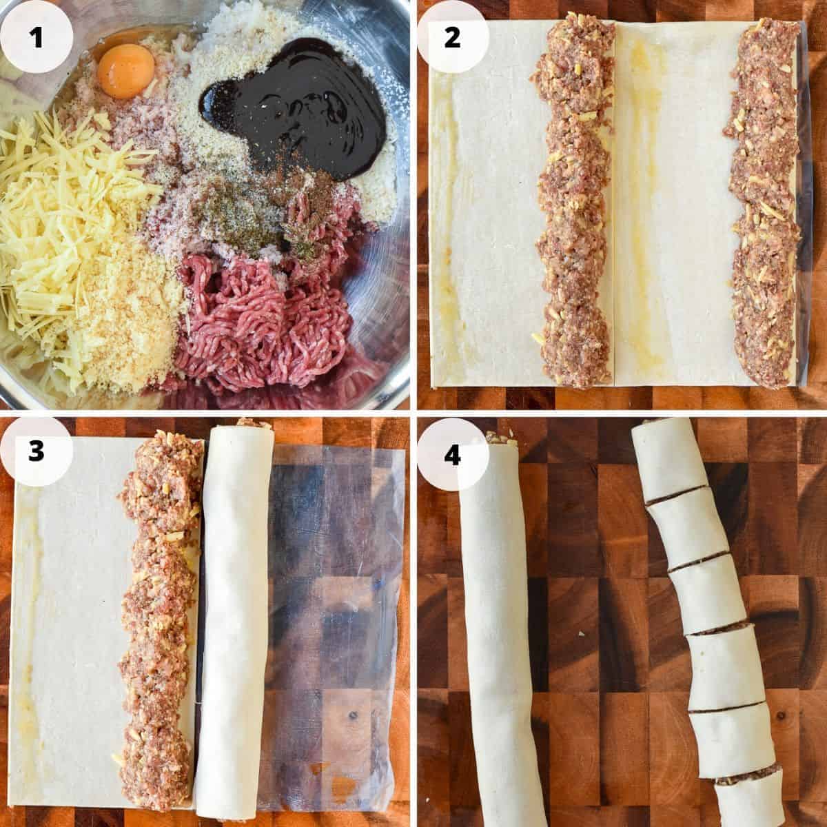 Four images in one. 1st image ingredients for sausage rolls in a bowl, 2nd image square of pastry with meat filling in two rows, 3rd image one cylinder of pastry and one ready to be rolled, 4th image one cylinder of pastry one cut into pieces