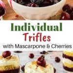 two images with text inbetween - top image is Cherry sauce in white bowl with cherries scattered around, spoonful of sauce beside bowl - bottom images is layered creamy cherry dessert in a glass with a cherry on top cherries scattered around and two other glasses of dessert in the background
