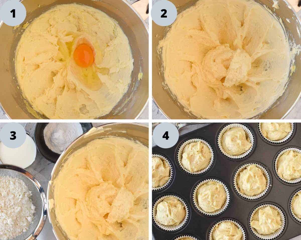 four images of cake making. Image 1 beaten mixture and one egg, image 2 beaten mixture, image 3 beaten mixture in a stainless steel bowl with bowls of flour, milk and baking powder around the bowl, image 4 cake batter in cupcake moulds