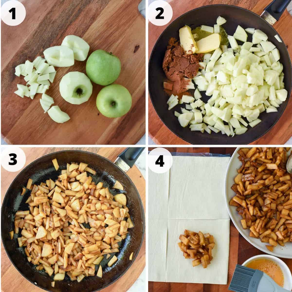 photo collage of preparation of this recipe. image 1 is green apples whole and cut, image two is black pan with chopped apples, brown sugar and butter, image 3 is caramelised apples in black pan, image 4 is caramelised apples on a plate, square of dough and bowl with beaten egg.