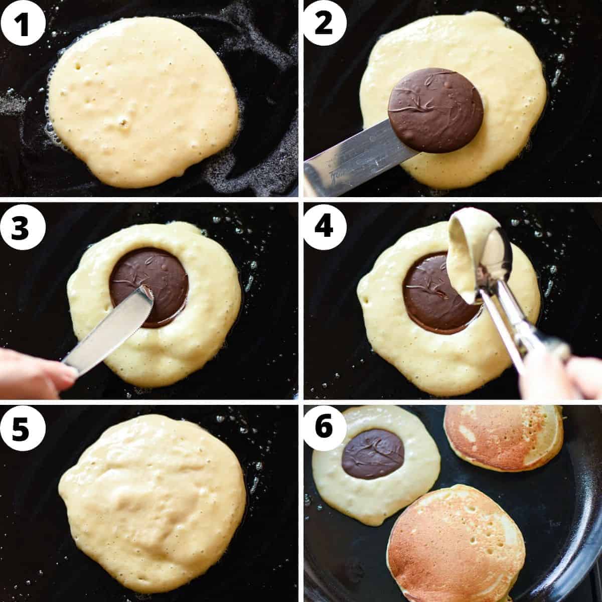 Six sets process images of preparing nutella pancakes.