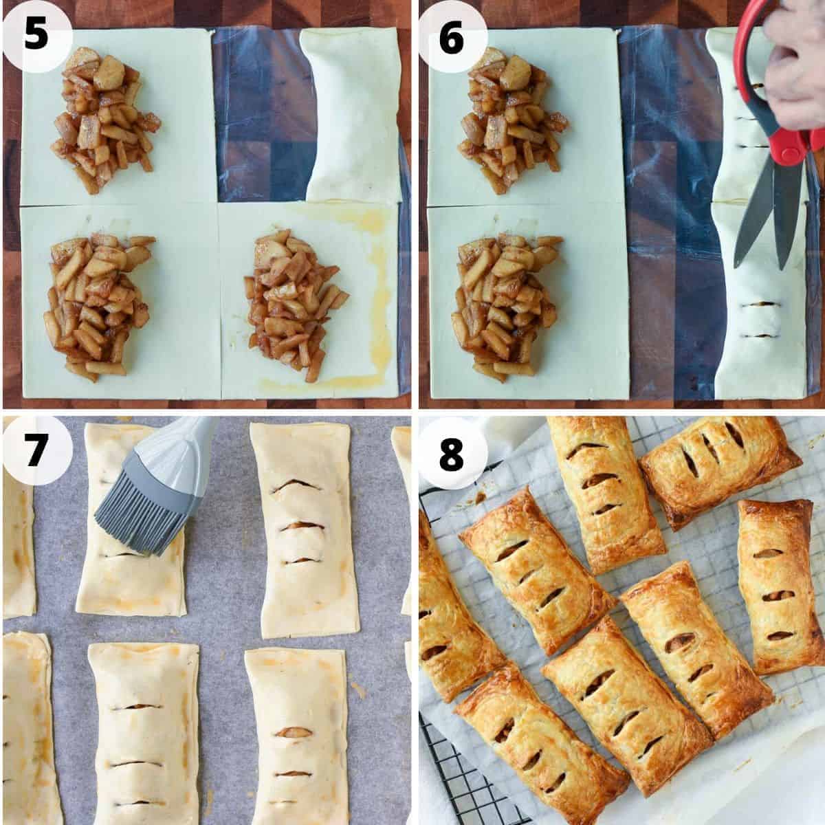 4 images of preparation of this recipe. image 1 is cooked apple on three cut sections of pastry and one sealed pastry, image 2 is scissors cutting slits in the top of pastry, image 3 brushing egg wash on pastry, image 4 baked pastries on black wire rack.