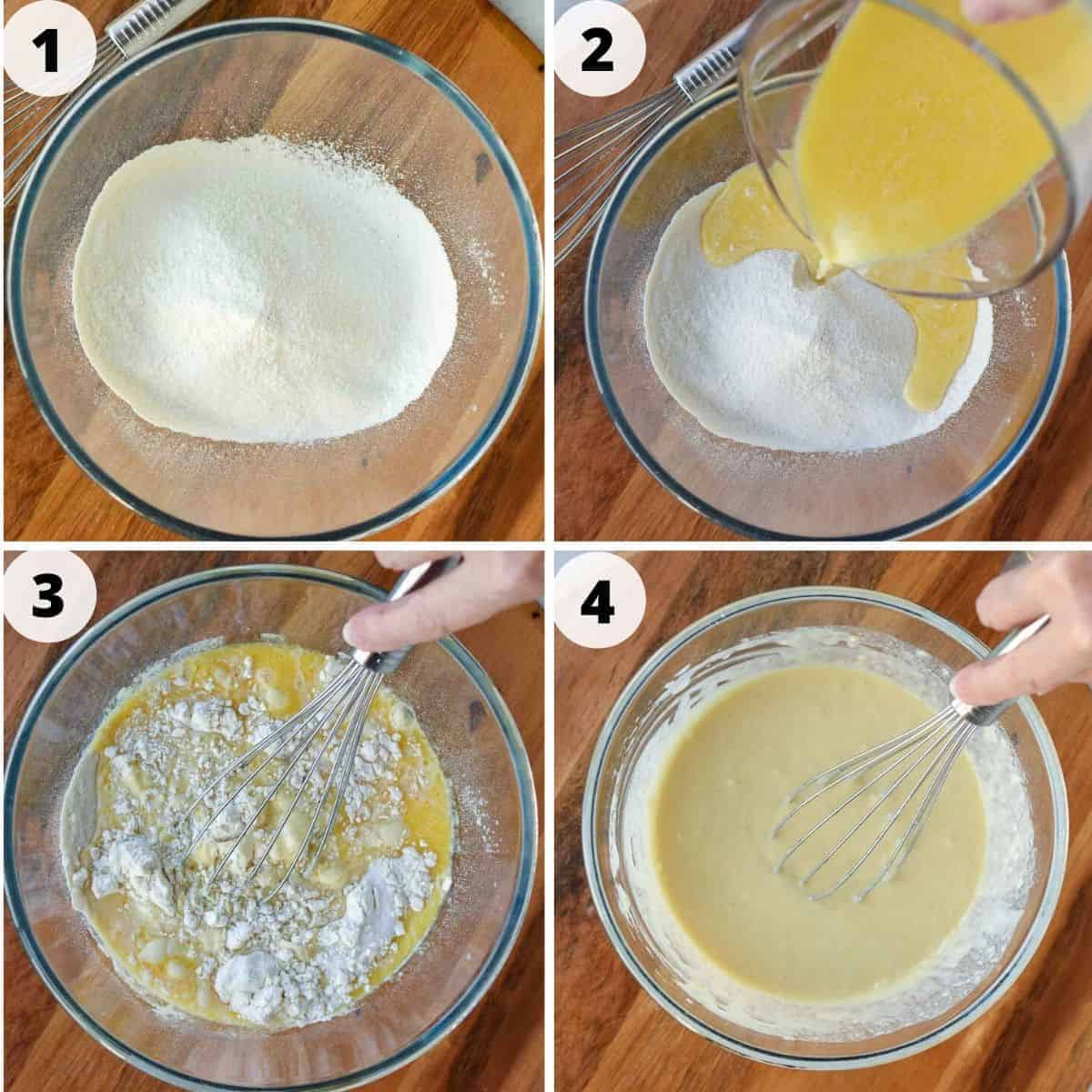 Four step process of making pancake batter.