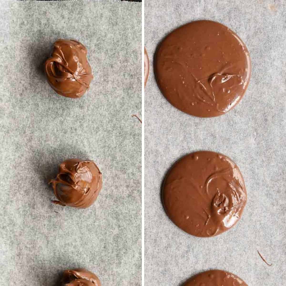 On the left is spoonfuls of nutella and on the right is flattened rounds of nutella.