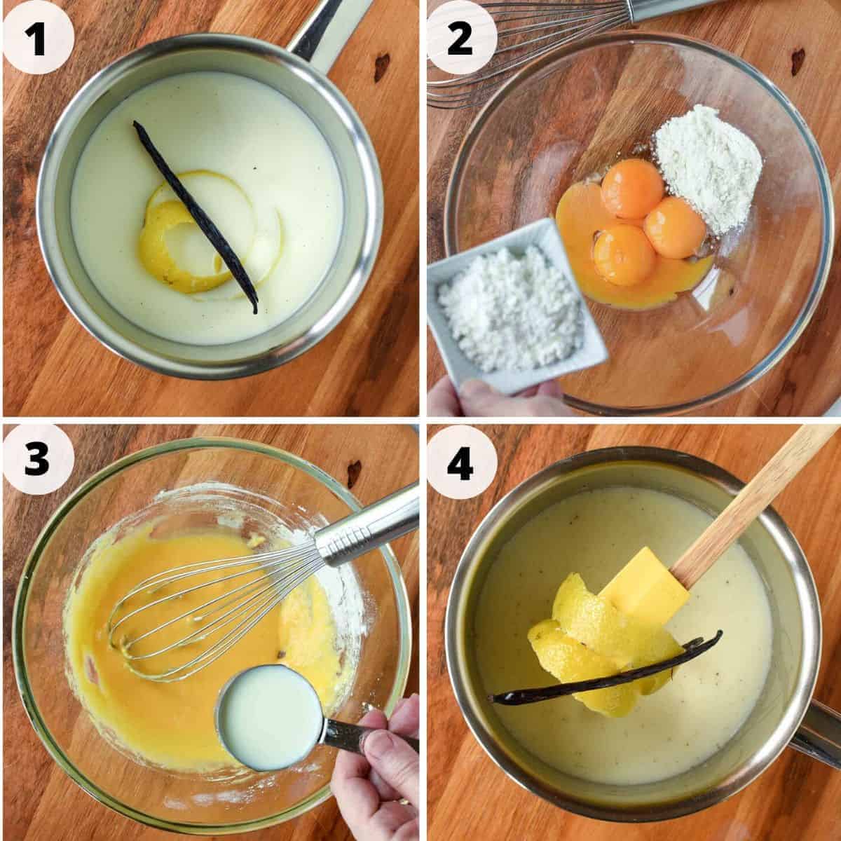 four process images for making pastry cream. image 1 - milk in saucepan with strip of lemon rind and vanilla bean, image 2 - glass bowl filled with egg yolks, flour and more flour being poured in. 3 image - yellow custard mixture with milk being whisked in. image 4 - strip of lemon rind and vanilla bean on spatula suspended over saucepan of milk.