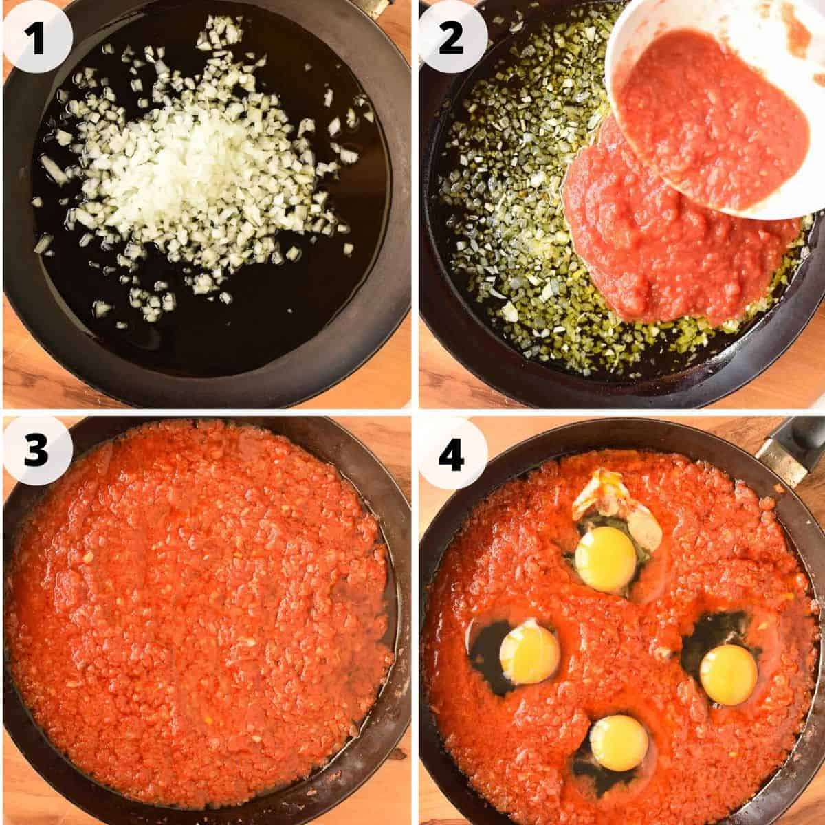 Four images: image 1 - chopped onions in a black pan; image 2 - crushed tomatoes pouring into black pan; image 3 - crushed tomatoes in black pan; images 4 - four raw eggs in tomato sauce in black pan