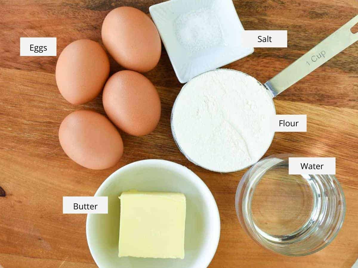 eggs, salt, flour, water and butter viewed from above