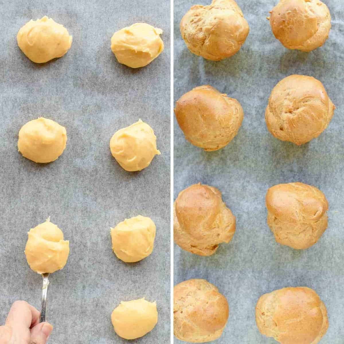 two images -one of unbaked choux pastry batter, second is baked choux pastry puffs