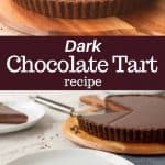Image with text. Text is dark chocolate tart recipe. Top image - whole chocolate tart. bottom image is slice of chocolate tart with whole tart in the background