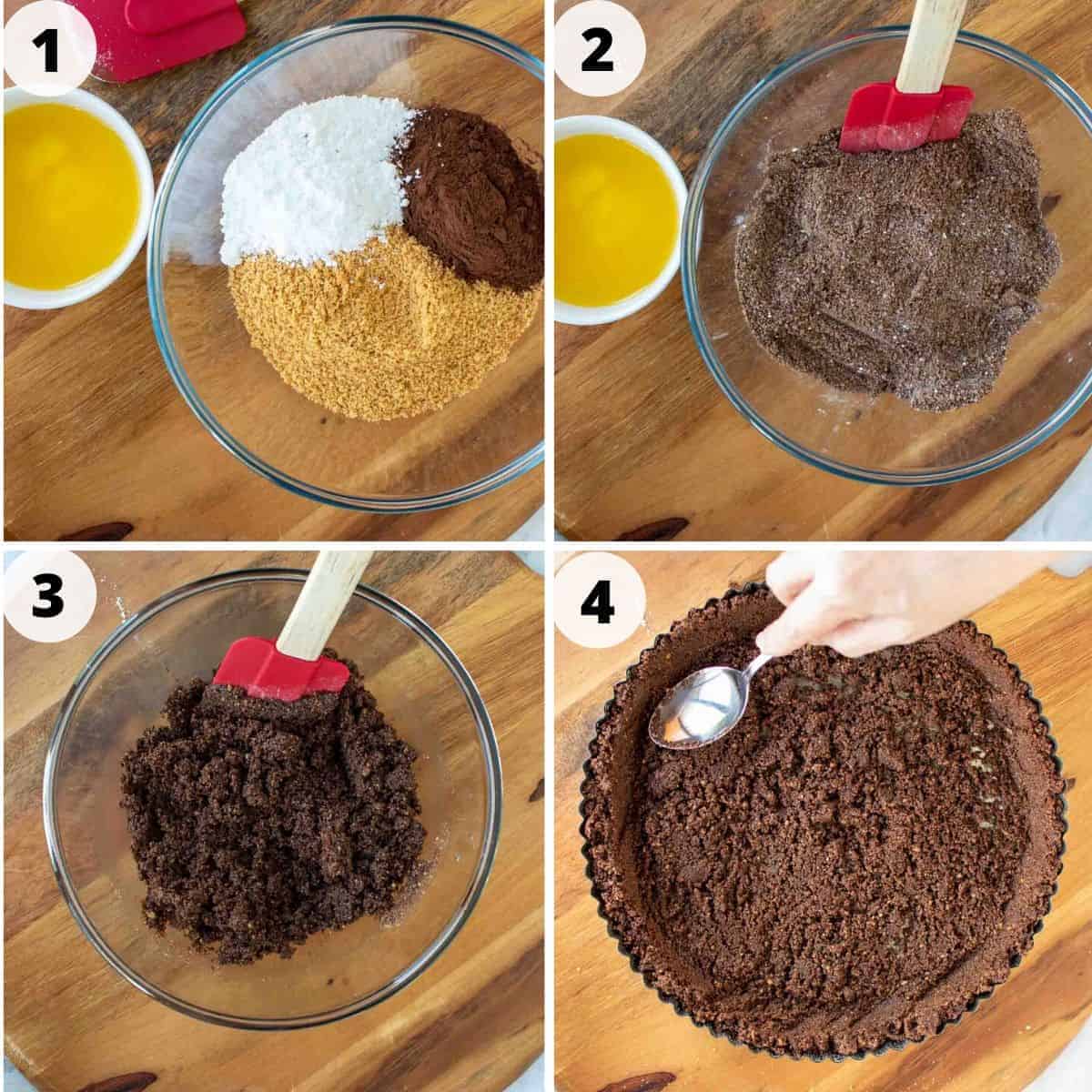 four images showing preparation of chocolate crumb crust.