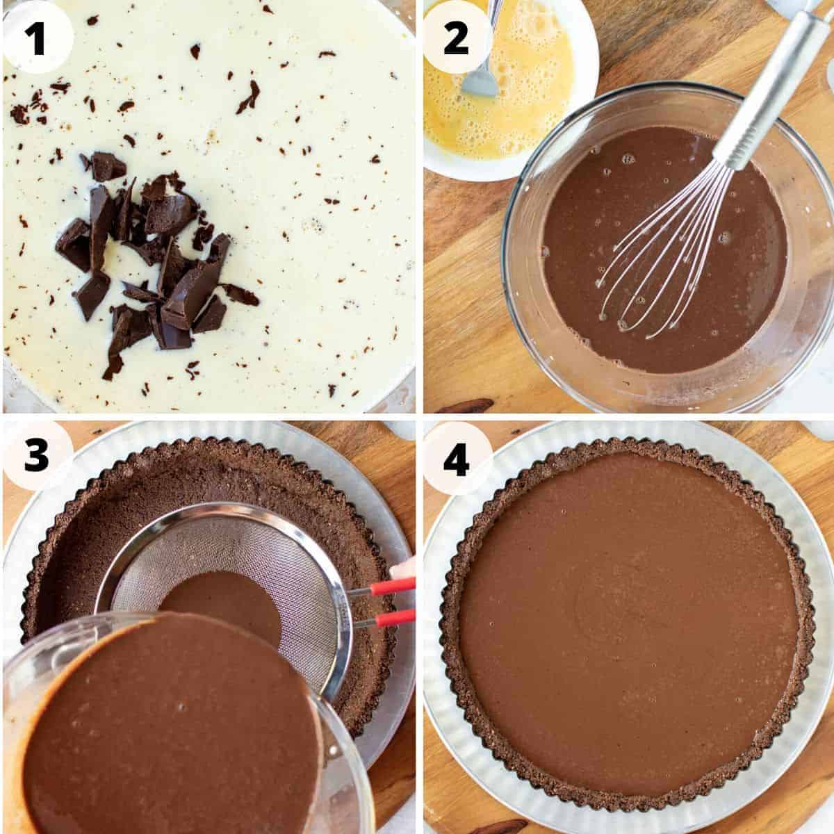 four images showing preparation of chocolate tart filling.