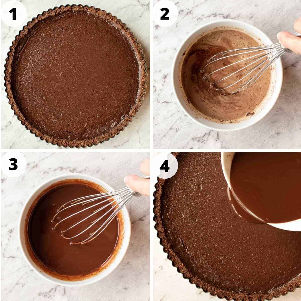 four images showing preparation of chocolate ganache topping.