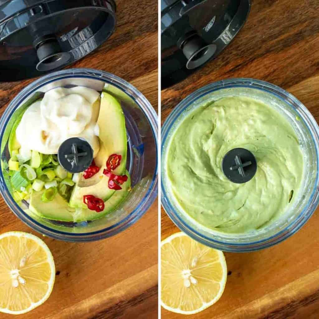 two images - first image opened mini food processor filled with avocado, chilli, spring onion and avocado with half lemon on the side; second image opened mini food processor filled with avocado dip and half lemon on the side