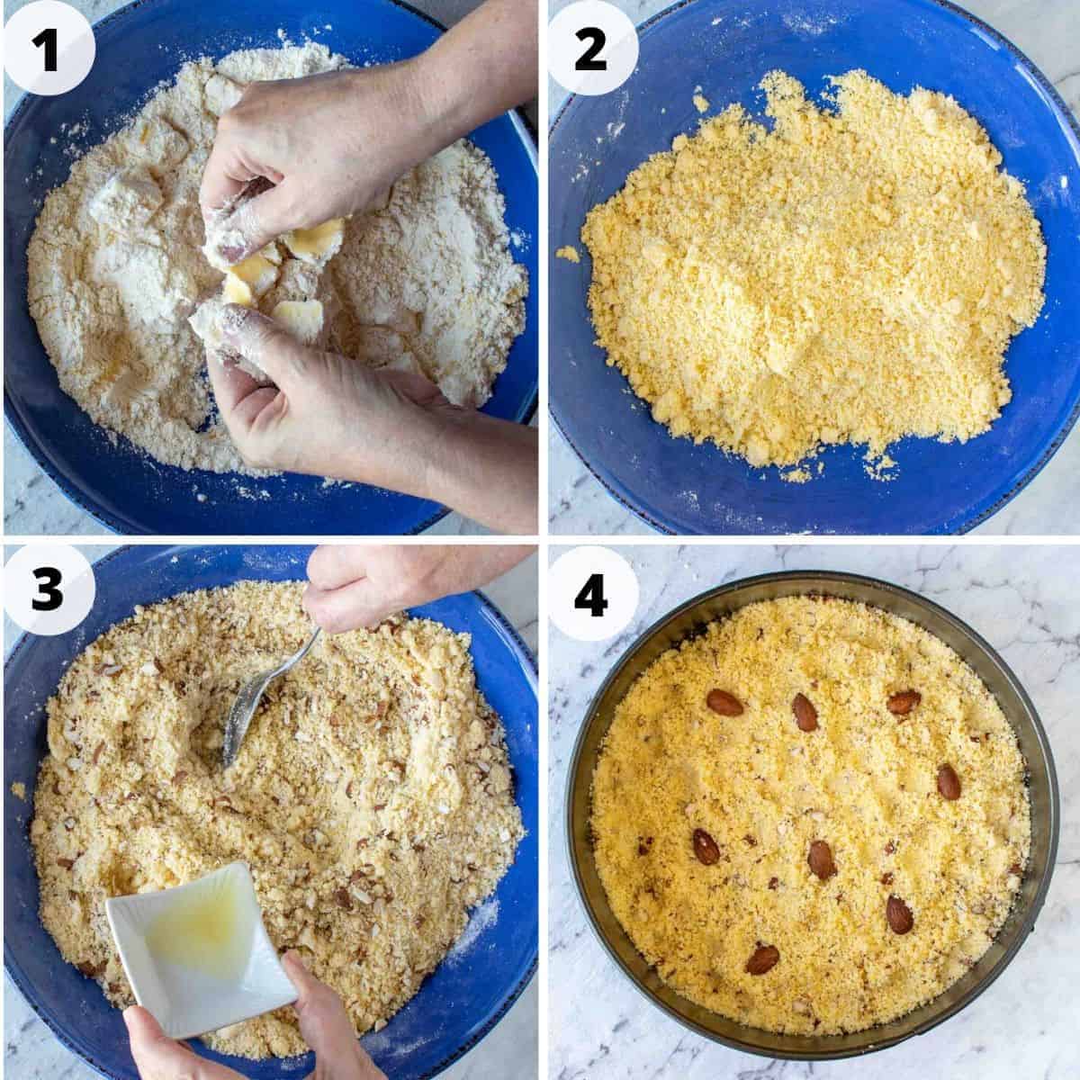 Four images - #1 butter being rubbed into flour; #2 yellow uncooked crumble in blue bowl; #3 nutty crumble in blue bowl with oil pouring in; #4 crumble pressed into round pan with almonds scattered on top.