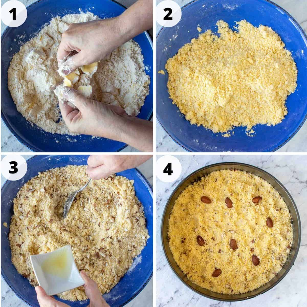 Collage of process images showing how to make this crumbly Italian cake.